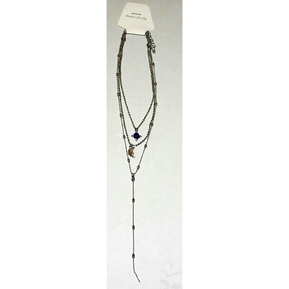 Boho celestial silver Y lariat necklace with layered moon and star charms, 12" - Picture 2 of 11